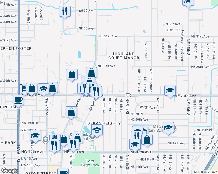 map of restaurants, bars, coffee shops, grocery stores, and more near 740 Northeast 23rd Avenue in Gainesville
