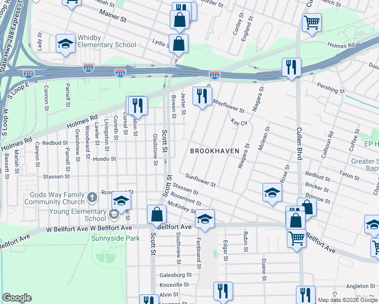 map of restaurants, bars, coffee shops, grocery stores, and more near 1211 Danube Street in Houston