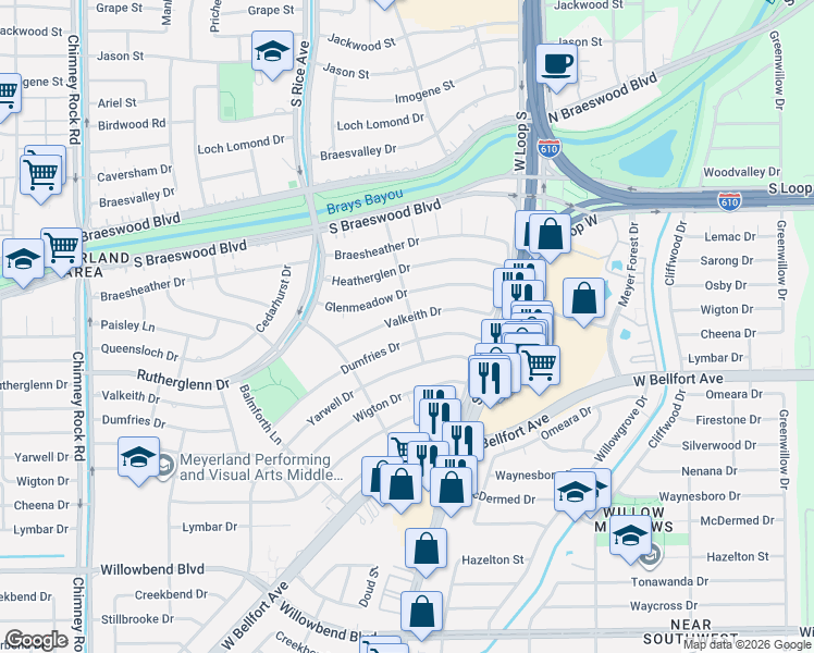 map of restaurants, bars, coffee shops, grocery stores, and more near 4966 Dumfries Drive in Houston