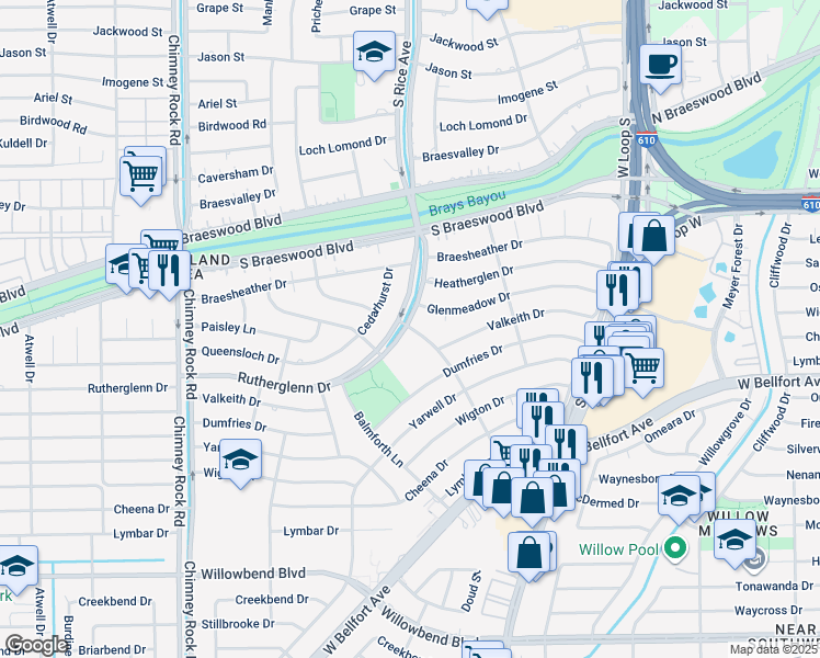 map of restaurants, bars, coffee shops, grocery stores, and more near 9710 Runnymeade Drive in Houston