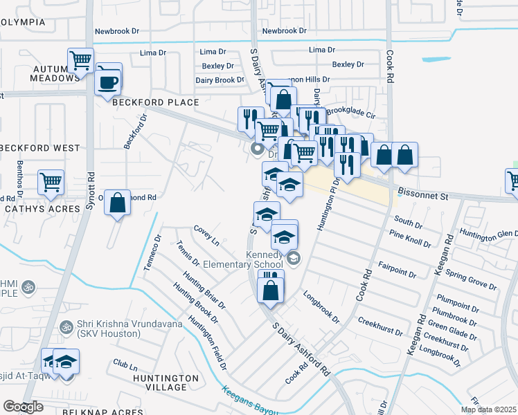 map of restaurants, bars, coffee shops, grocery stores, and more near 9402 South Dairy Ashford Road in Houston