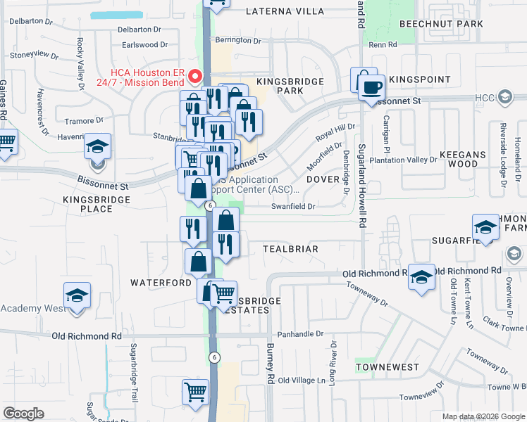 map of restaurants, bars, coffee shops, grocery stores, and more near 14507 Swanfield Drive in Houston