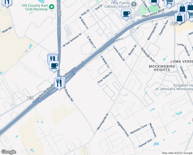 map of restaurants, bars, coffee shops, grocery stores, and more near 3143 Douglas Fir Drive in New Braunfels