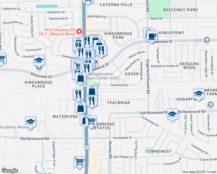 map of restaurants, bars, coffee shops, grocery stores, and more near 14507 Swanfield Dr in Houston