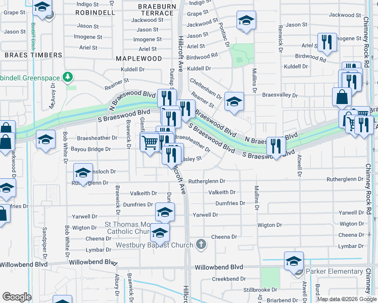 map of restaurants, bars, coffee shops, grocery stores, and more near 5822 Paisley Street in Houston
