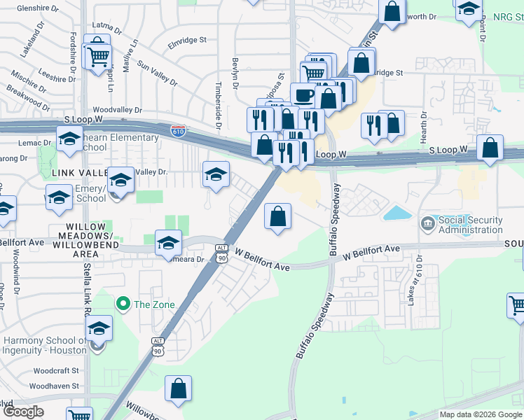 map of restaurants, bars, coffee shops, grocery stores, and more near 10191 Main Street in Houston