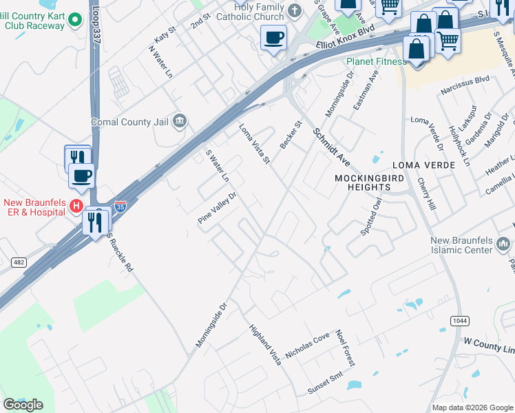 map of restaurants, bars, coffee shops, grocery stores, and more near 345 South Water Lane in New Braunfels