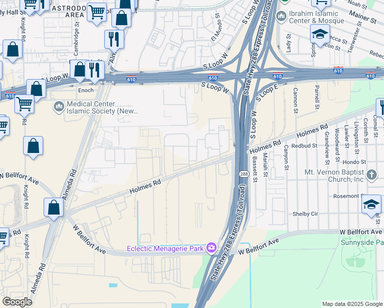 map of restaurants, bars, coffee shops, grocery stores, and more near 2835 Holmes Road in Houston