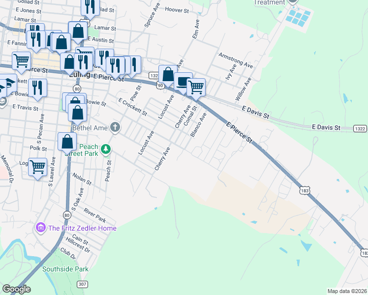 map of restaurants, bars, coffee shops, grocery stores, and more near 1500 East Bowie Street in Luling
