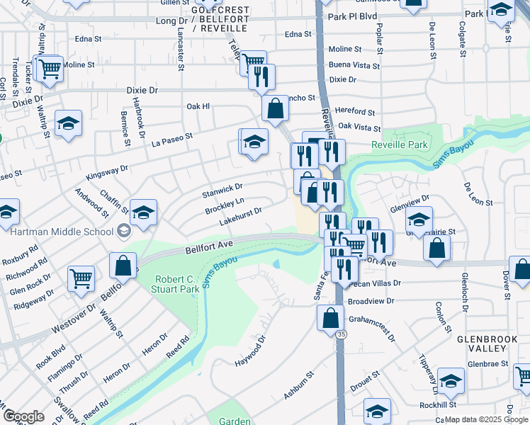 map of restaurants, bars, coffee shops, grocery stores, and more near 7450 Lakehurst Drive in Houston