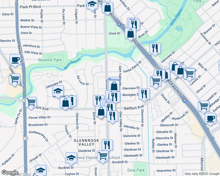 map of restaurants, bars, coffee shops, grocery stores, and more near 8203 Broadway Street in Houston