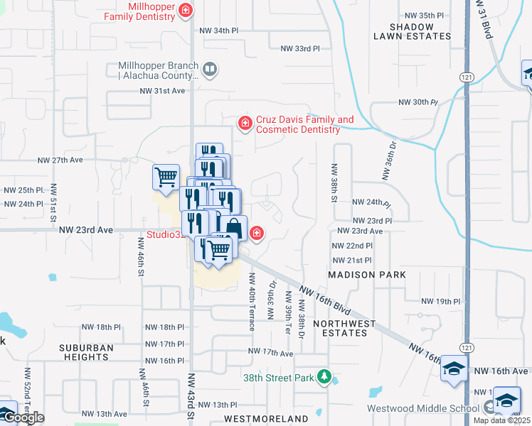map of restaurants, bars, coffee shops, grocery stores, and more near 2431 Northwest 41 Street in Gainesville