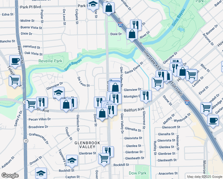map of restaurants, bars, coffee shops, grocery stores, and more near 8203 Broadway Street in Houston