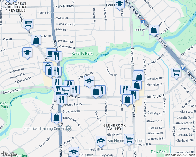 map of restaurants, bars, coffee shops, grocery stores, and more near 7638 Montglen Drive in Houston