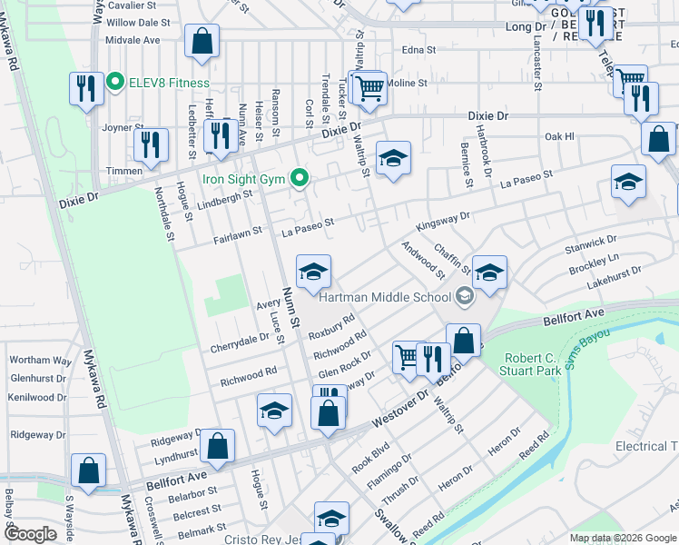 map of restaurants, bars, coffee shops, grocery stores, and more near 6802 Kingsway Drive in Houston