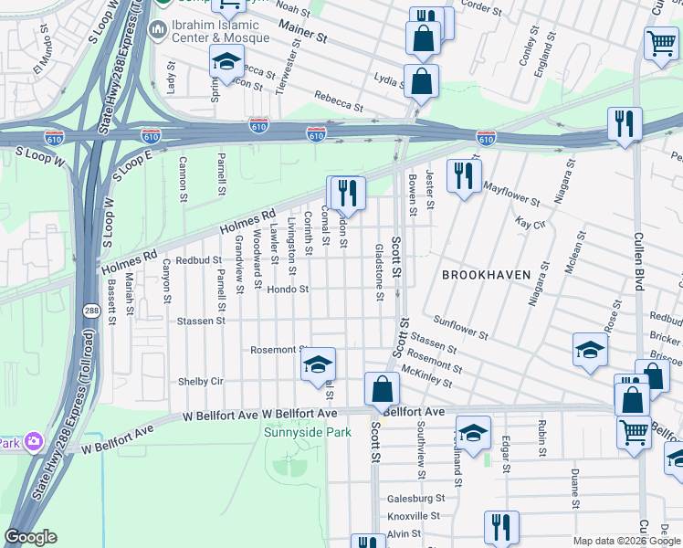 map of restaurants, bars, coffee shops, grocery stores, and more near 8033 Comal Street in Houston