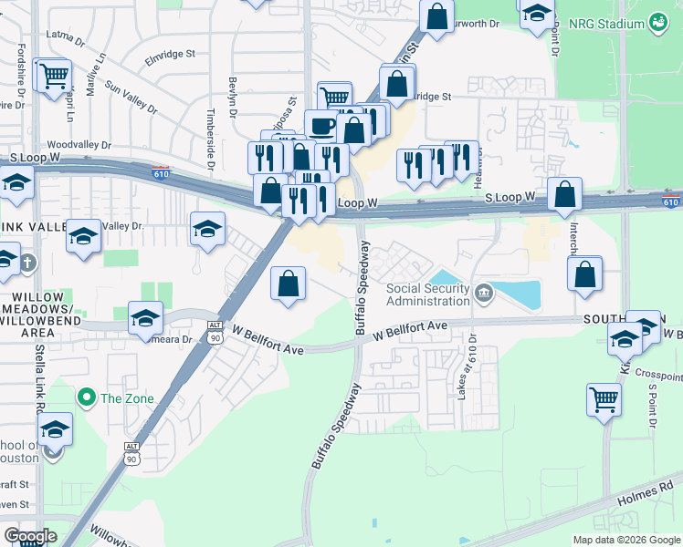 map of restaurants, bars, coffee shops, grocery stores, and more near 9960 Old Main Saint Loop Road in Houston