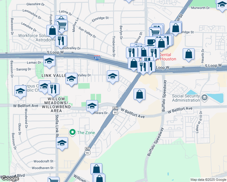 map of restaurants, bars, coffee shops, grocery stores, and more near 10200 South Main Street in Houston