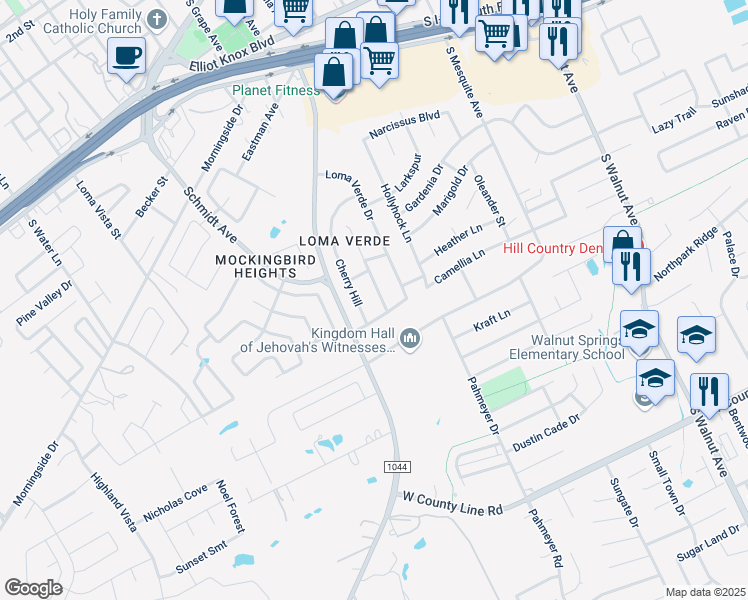 map of restaurants, bars, coffee shops, grocery stores, and more near 1252 Vista Bonita in New Braunfels