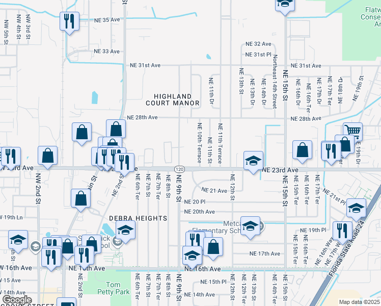 map of restaurants, bars, coffee shops, grocery stores, and more near 950 Northeast 23rd Avenue in Gainesville