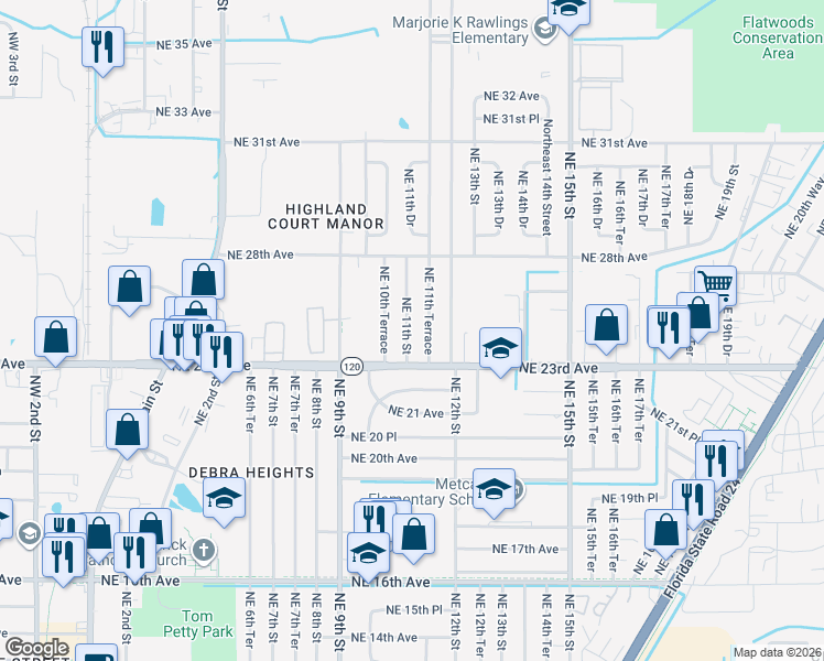 map of restaurants, bars, coffee shops, grocery stores, and more near 2322 Northeast 11th Street in Gainesville