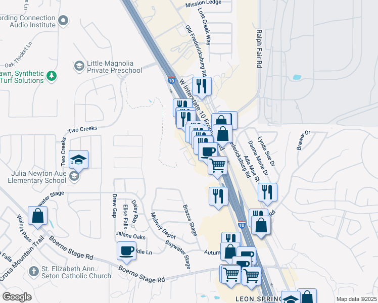 map of restaurants, bars, coffee shops, grocery stores, and more near Calle Rialto in San Antonio