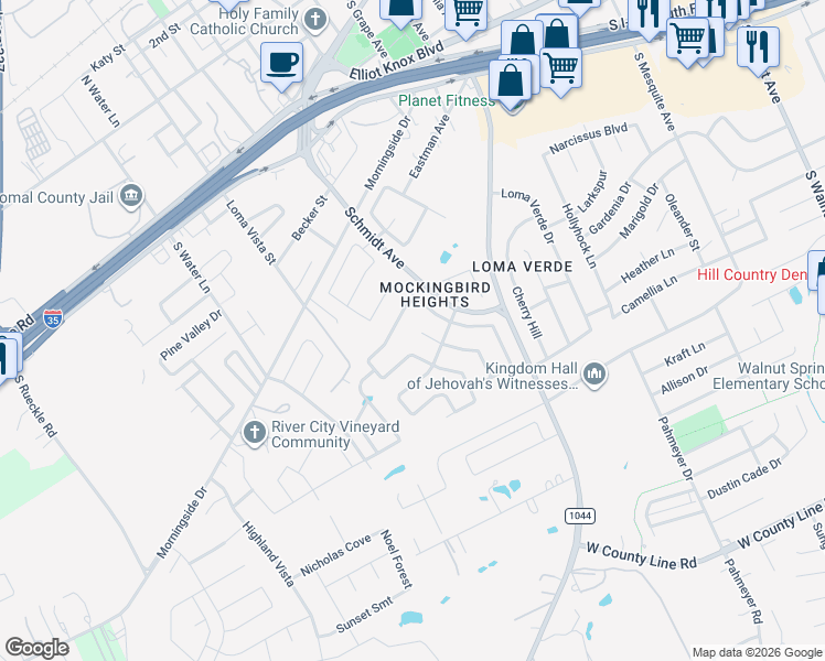 map of restaurants, bars, coffee shops, grocery stores, and more near 1916 Eastern Finch in New Braunfels