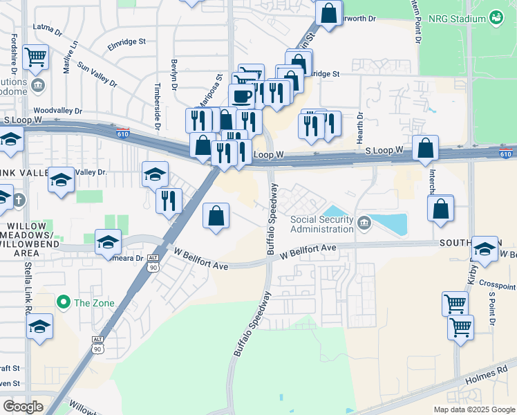 map of restaurants, bars, coffee shops, grocery stores, and more near 9960 Old Main Saint Loop Road in Houston