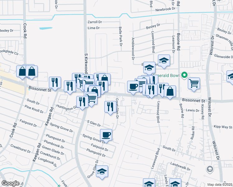 map of restaurants, bars, coffee shops, grocery stores, and more near 11692 Bissonnet Street in Houston