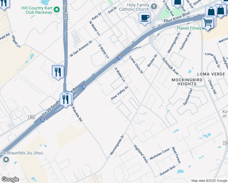 map of restaurants, bars, coffee shops, grocery stores, and more near 3109 Douglas Fir in New Braunfels