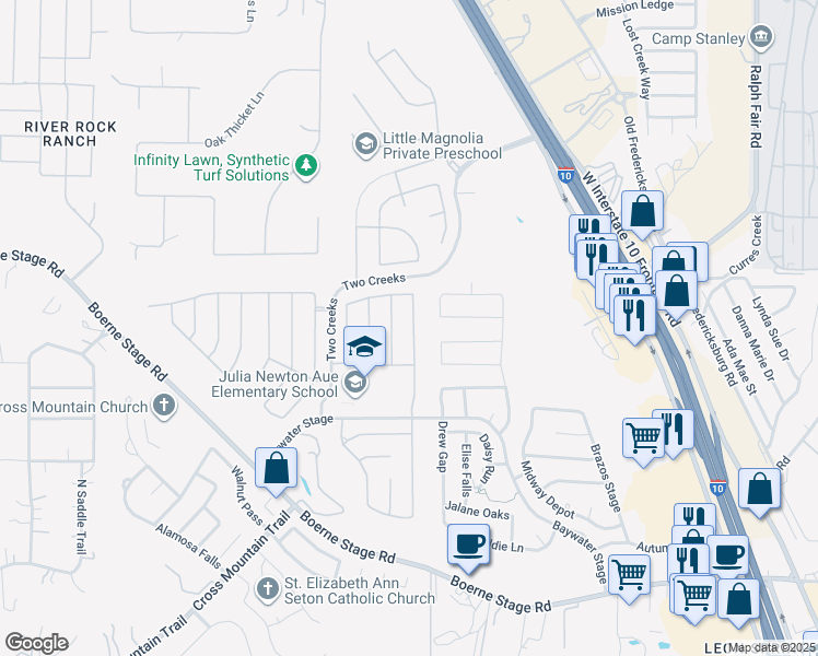 map of restaurants, bars, coffee shops, grocery stores, and more near 24720 Buck Creek in San Antonio