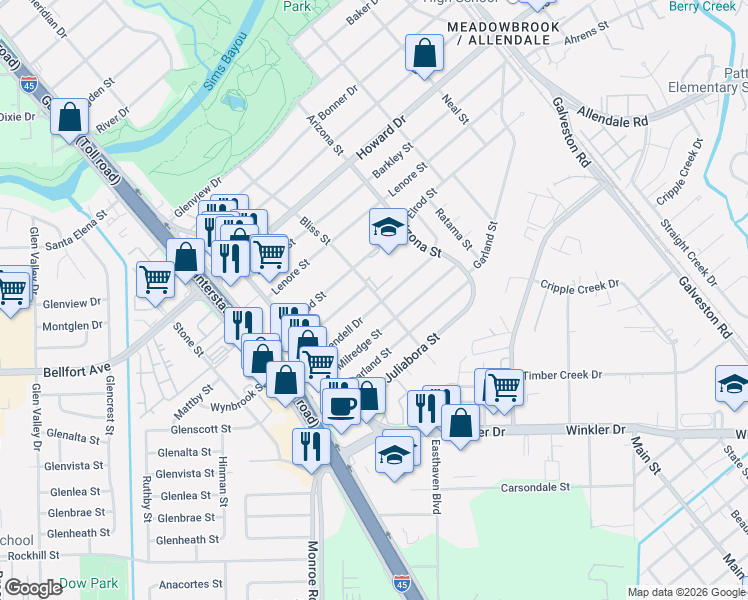 map of restaurants, bars, coffee shops, grocery stores, and more near 8072 Bendell Drive in Houston