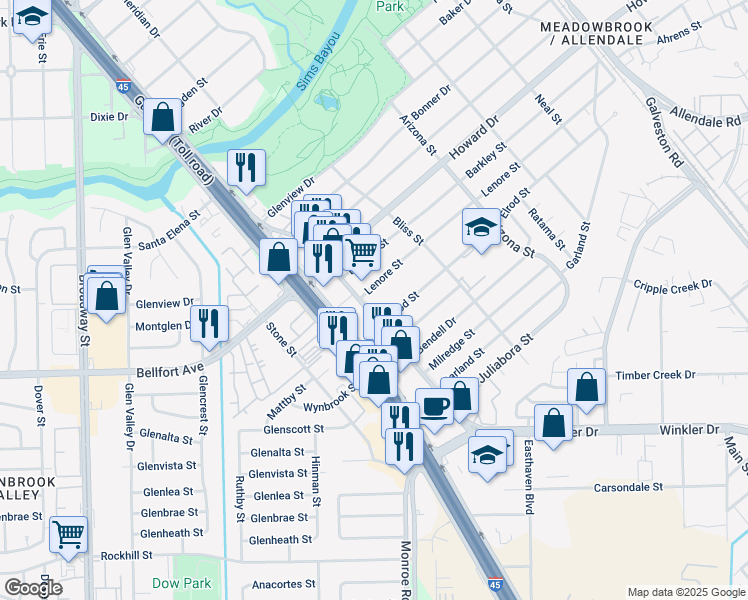 map of restaurants, bars, coffee shops, grocery stores, and more near 8434 Winkler Drive in Houston