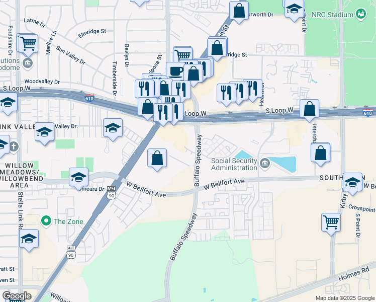map of restaurants, bars, coffee shops, grocery stores, and more near 9960 Old Main Saint Loop Road in Houston
