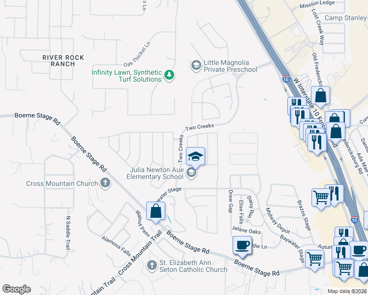 map of restaurants, bars, coffee shops, grocery stores, and more near 25014 Buttermilk Lane in San Antonio