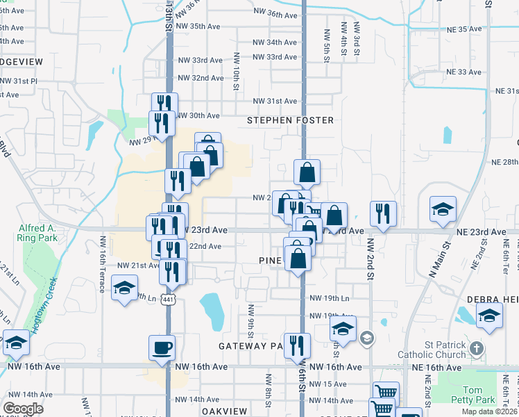 map of restaurants, bars, coffee shops, grocery stores, and more near 819 Northwest 24th Avenue in Gainesville
