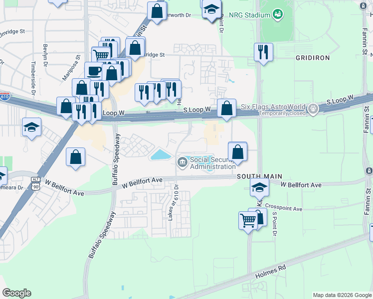 map of restaurants, bars, coffee shops, grocery stores, and more near 8877 Lakes at 610 Drive in Houston