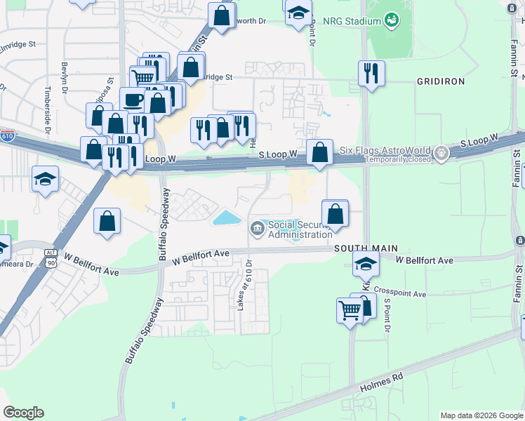 map of restaurants, bars, coffee shops, grocery stores, and more near 8877 Lakes at 610 Drive in Houston