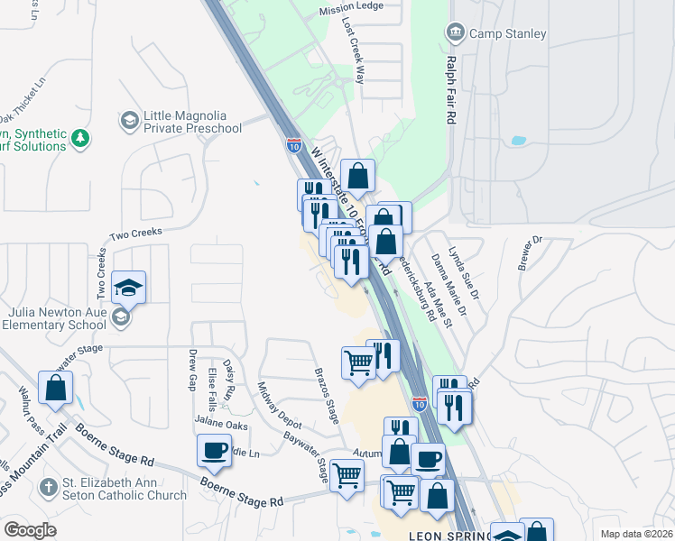 map of restaurants, bars, coffee shops, grocery stores, and more near 25127 Interstate 10 in San Antonio