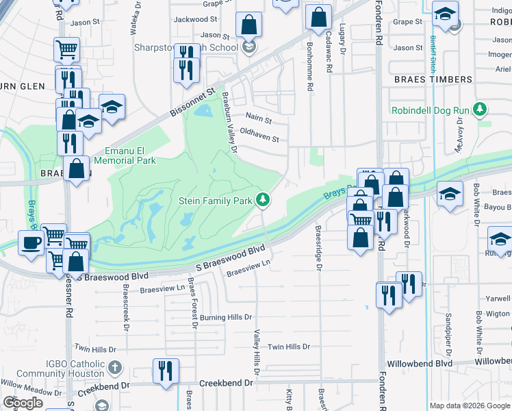 map of restaurants, bars, coffee shops, grocery stores, and more near 9600 Braes Bayou Drive in Houston