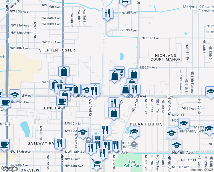 map of restaurants, bars, coffee shops, grocery stores, and more near 100 NE 23rd Ave in Gainesville
