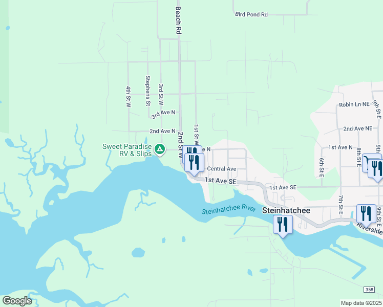 map of restaurants, bars, coffee shops, grocery stores, and more near 115 1st Street West in Steinhatchee