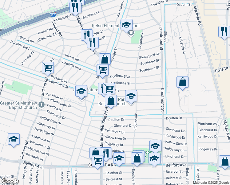 map of restaurants, bars, coffee shops, grocery stores, and more near 5714 Southwind Street in Houston