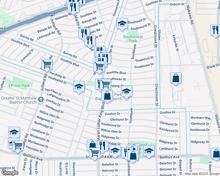 map of restaurants, bars, coffee shops, grocery stores, and more near 5714 Southwind Street in Houston