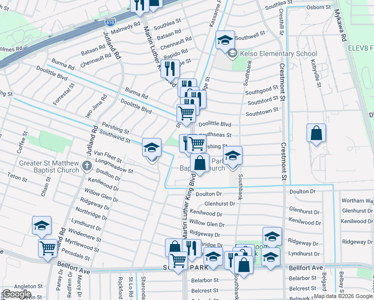map of restaurants, bars, coffee shops, grocery stores, and more near 5610 Southwind Street in Houston