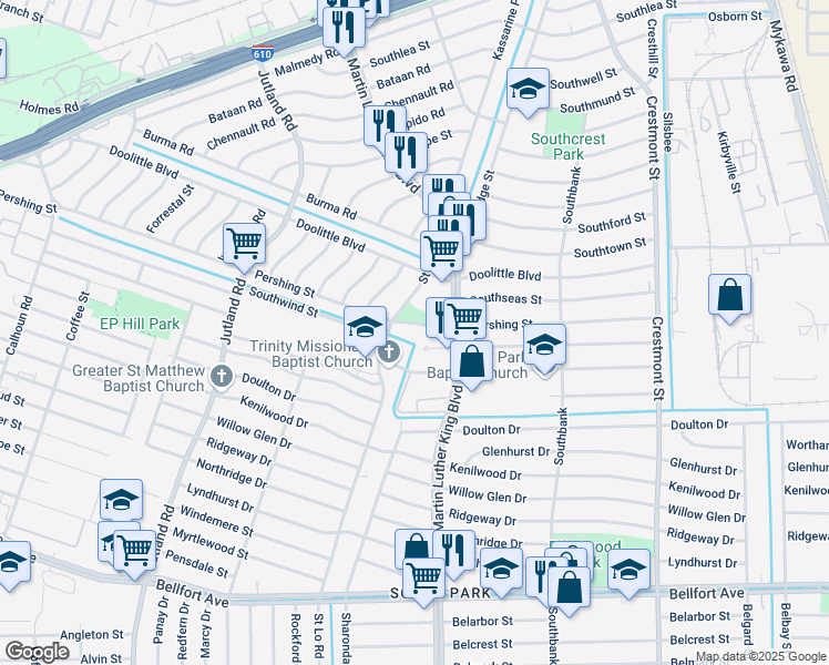 map of restaurants, bars, coffee shops, grocery stores, and more near 5535 Van Fleet Street in Houston