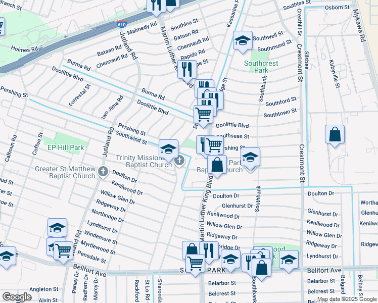 map of restaurants, bars, coffee shops, grocery stores, and more near 5535 Van Fleet Street in Houston