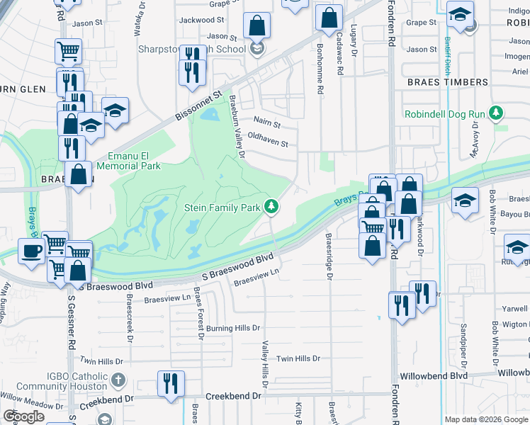 map of restaurants, bars, coffee shops, grocery stores, and more near 9600 Braes Bayou Drive in Houston