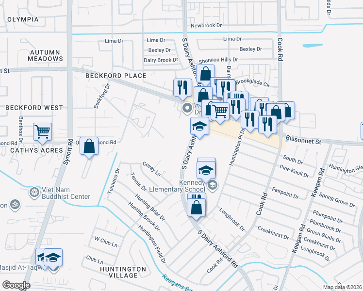 map of restaurants, bars, coffee shops, grocery stores, and more near 9402 South Dairy Ashford Road in Houston