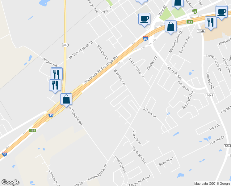 map of restaurants, bars, coffee shops, grocery stores, and more near 3038 Pine Valley Drive in New Braunfels